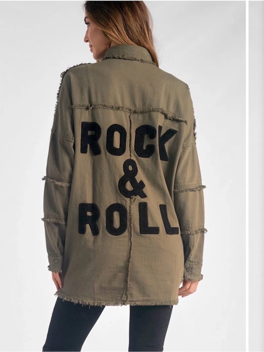 Elan Olive shacket with Black 'ROCK & ROLL' Back